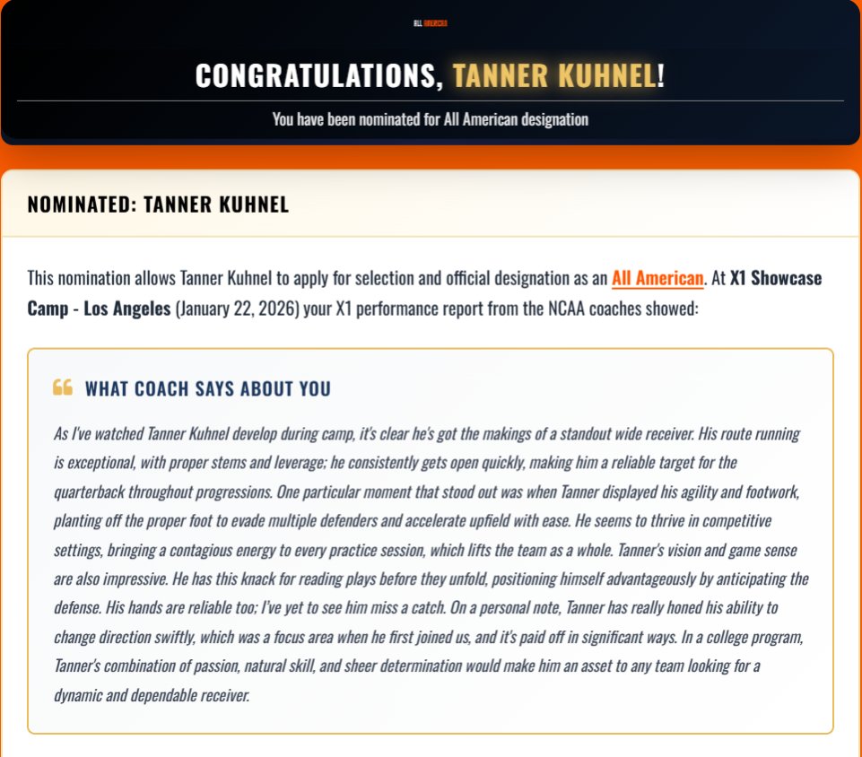 Tannerkuhnel_20's tweet photo. More than honored to be nominated for an All-American designation after my performance at the X1 Showcase Camp in Los Angeles. 🏈#AllAmerican #Football #WideReceiver #Recruiting #ClassOf2027 #NextLevel #EarnedNotGiven @SangerWestFB @Rob_E_Light @GridironMomEra https://t.co/dWn6j3GEmR