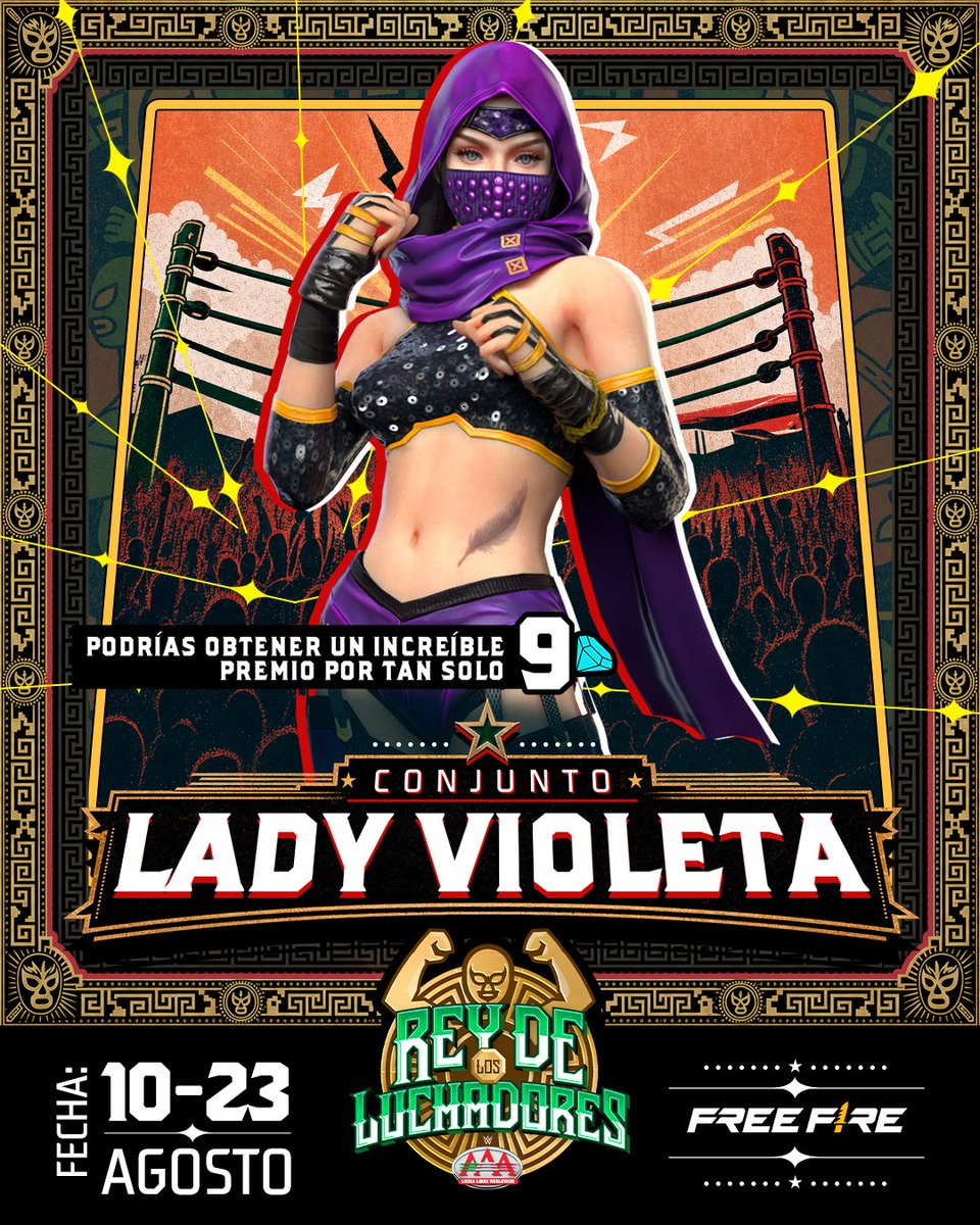 freefirelatino's tweet photo. 🟣 La próxima luchadora de tu colección podría llegar por tan solo 9 diamantes.
Prueba tu suerte y consigue el Conjunto Lady Violeta para entrar al campo de batalla con estilo de campeona. 🥊
#FFxAAA #FreeFire https://t.co/WtZKb9vmm1