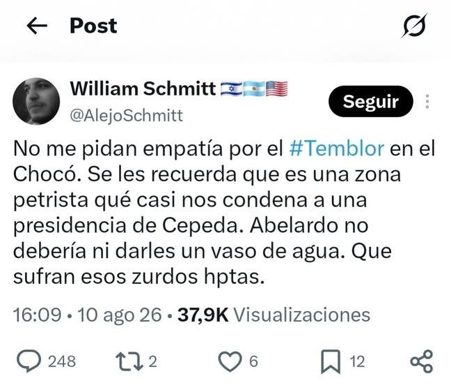 tuiteado_'s tweet photo. Hay que estar enfermo de sectarismo para alegrarse o alegrar la miseria ajena tras una tragedia natural. La política pasa, pero la porquería de ser humano que demuestras ser con este mensaje se te queda para siempre.
@AlejoSchmitt https://t.co/XJ9HVzaR1a