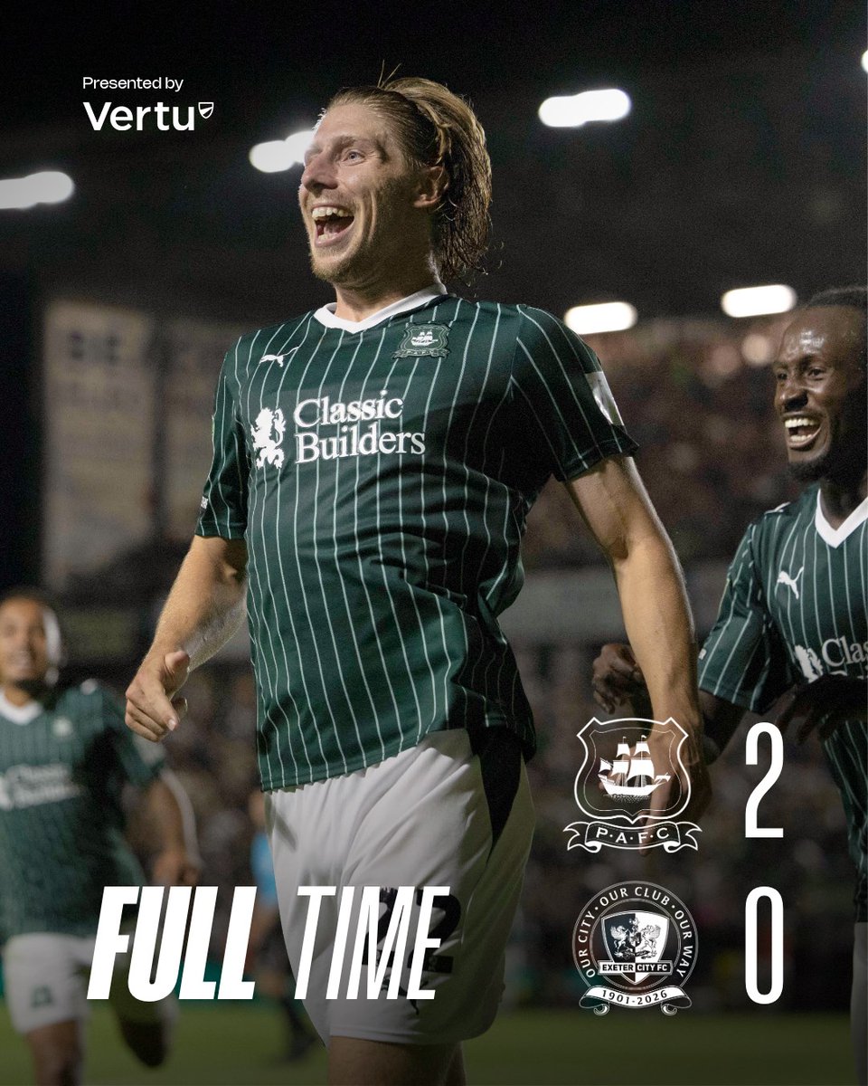 Argyle's tweet photo. FULL-TIME ⏰

Devon is Green 💚

Late goals from Alex Hartridge and Bim Pepple seal victory in the Devon Derby 👊 https://t.co/UzU5OI2kSp