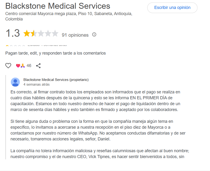 Artculo20col's tweet photo. 2/Este es el personaje que habla en el video: Jack Muñoz.  Es el cargo más alto de Blackstone Medical en Colombia.  Y créanme que es un tipo bien extraño… hermético, metido en lo suyo, casi no tiene contacto con la gente.  Por eso los empleados se sienten completamente abandonados. Como si no tuvieran a nadie que los represente frente a los gringos dueños de la empresa.  Yo puedo dar fe de que su omisión en casos de acoso laboral le ha pasado factura a la salud mental de varios compañeros. Más adelante les cuento esos casos uno por uno.  Ah, y se me olvidaba…  Los screenshots de las respuestas a las reseñas de Google son de él. Él es el que maneja la cuenta de Blackstone en Colombia… y lo hace de una forma nada profesional.  Tiene un podcast, es jefe, pero responde a las críticas con una doble moral que da vergüenza.  Ya les muestro las pruebas.  ⬇️