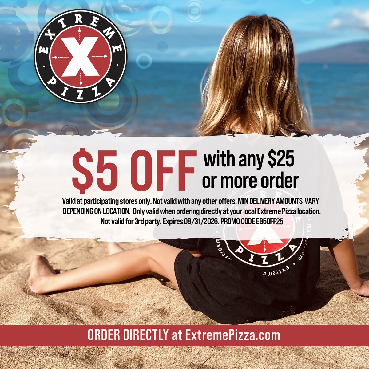 Extreme_Pizza's tweet photo. Made for sunny days 🍕 🌞 Receive $5 OFF with any $25 or more order! See details on coupon, valid at participating locations. 🌞 Use promo code EB5OFF25 Expires 8/31/2026. #ExtremePizza #pizza #pizzadelivery #pizzalover #beachvibes #PizzaVibes #summer https://t.co/Hn8THONR3F