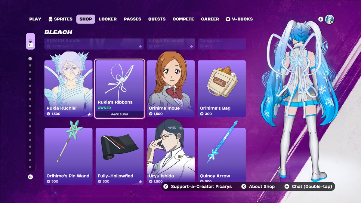 DracoBudSmith's tweet photo. @Picarys I went and bought Rukia's Ribbon for 300 VBucks cause it somehow goes well with Snow Miku very well.

I haven't really bought something big yet, but I did buy it while using your Creator Code along with a Jam Track, Melt by Hatsume Miku for 500 VBucks. https://t.co/kOQ5EhpmgE