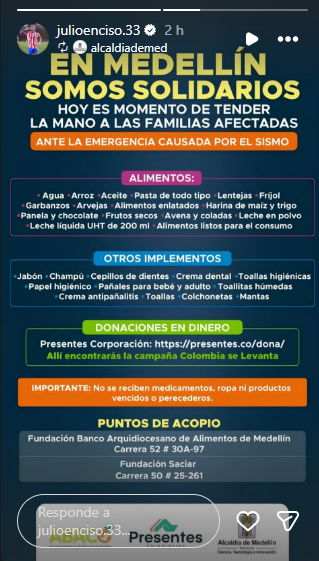 delpynews's tweet photo. ▶️ “MI CORAZÓN ESTÁ CON COLOMBIA” |🇨🇴❤️

El albirrojo Julio Enciso envió un emotivo mensaje al pueblo colombiano tras el devastador terremoto de magnitud 7,4.

🗣️ “Mucha fuerza para todas las familias que hoy están pasando momentos tan difíciles y para todos los afectados por esta tragedia”, escribió.

❤️ Enciso también compartió el pedido de ayuda y donaciones de la Alcaldía de Medellín ante la emergencia.

📄Vía julioenciso.33 (Instagram)