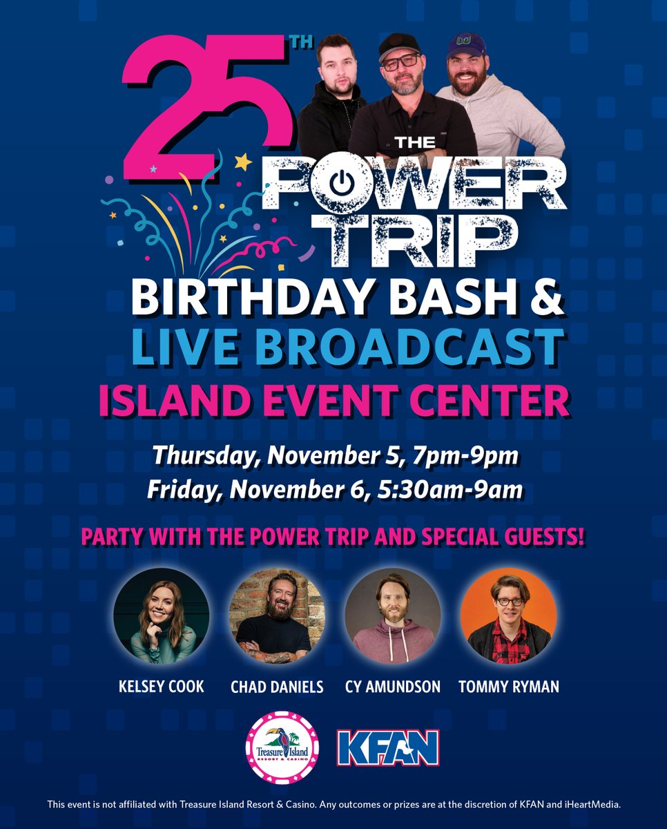 KFAN1003's tweet photo. 25 years of The Power Trip. One huge celebration. 🎉
Join us at @ticasino for laughs, a live Friday morning show, the Initials Game, and Vegas trip giveaways!
📅 Nov. 5-6, 2026
FULL DETAILS AND JOIN THE WAITLIST HERE: https://t.co/mLnhd1zqaJ https://t.co/Irzl24JdQL