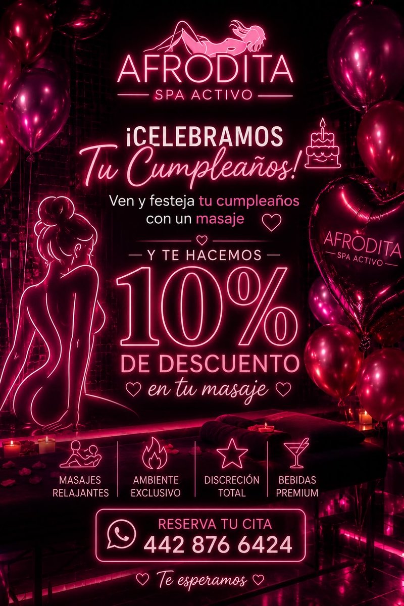 afroditaspalux's tweet photo. 🎂 ¿Cumples años? En Afrodita lo celebramos contigo 🔥💖
Ven a festejar con nosotros y recibe 10% de descuento en tu masaje ✨🥂

#AfroditaSpa #Cumpleaños #BirthdayGirl #Masajes #Spa #Querétaro #Qro #Promoción #Relax #SpaActivo #FestejaConNosotros https://t.co/ZxAX6YhGYM