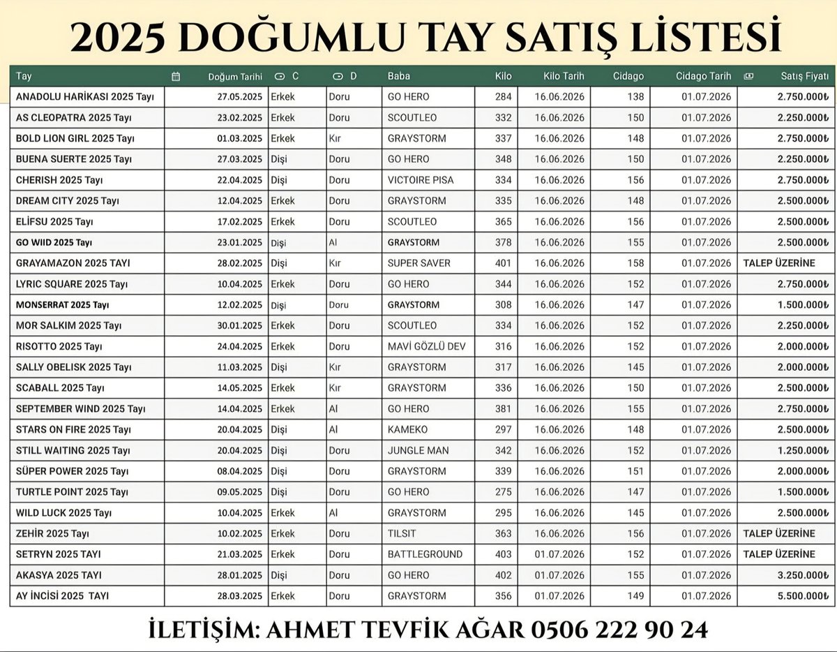 atevfikagar's tweet photo. GÜZELOCAK HARA 
2025 DOĞUMLU SATILIK TAY SATIŞ LİSTEMİZ DETAYLAR İÇİN 05062229024 https://t.co/WOBWZMPOVC