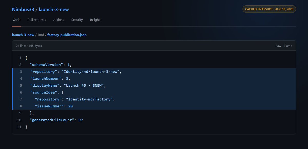 LastToSign's tweet photo. Identity.md NFT turned out not to be a ticket to launch your own token
Confirmed utility for $IMD

According to a GitHub mirror discovered by @0xfinne, it is a developer credential that allows its holder to complete tasks assigned by the factory

The mirror is highly likely to be authentic. It references the original private repository Identity-md/launch-3-new, factory issue #20 and launch number 3

The first commits were made by identitymd-launch-factory[bot]. The history also contains commits and signed merge commits from Adam under his surfer77 GitHub account

How the factory works in simple terms
Imagine a factory that produces new markets:

> someone proposes an idea for a token or market.
> the Identity.md team accepts or rejects it.
> the factory divides the development process into separate tasks:
  >>design the architecture
  >>write the smart contract
  >>write the tests
> an Identity.md NFT holder registers as a worker.
the scheduler assigns them a specific task
> the worker uses Codex, Claude or writes the code manually
> the factory checks the code, tests and security.
> a maintainer accepts the result
> a multisig authorizes the deployment
> a new PROJECT/IMD market appears

This means the NFT is not required by Codex or by someone who simply proposes an idea. It is required by the developer-worker

The NFT tells the factory:

> this GitHub developer is linked to this wallet
> they own a valid Identity.md credential
> they can be assigned a task
> the factory can accept a signed result from them

Before accepting each PR, the system checks NFT ownership through ownerOf() on Ethereum mainnet. If the worker sells the NFT, they lose the right to complete the assigned work

This is implemented directly in the code: a developer owns an NFT, registers as a worker and receives the right to complete assigned hook-development tasks

They cannot independently choose any project, write an arbitrary hook and immediately launch it

This also explains the line from Adam’s logs: waiting for the next signed milestone

It now appears that a signed milestone is most likely not a command for an autonomous economic agent, but a specific task inside the factory

For example:

> design the architecture
> write the contract
> prepare the tests

The worker receives the task, completes it and signs the result tied to an exact commit and Git tree

The code then passes through several layers of verification. This means the agent published by Adam is probably an autonomous developer-worker:

> Codex writes the hook
> the signed milestone limits it to a specific task
> the factory verifies the result
> a maintainer accepts the code
> a multisig authorizes the launch

AI is not the final product here, at least for now. It is one of the factory workers

How is this different from a regular launchpad?

A regular launchpad works roughly like this:

> enter a name and ticker
> a standard token is created
> a bonding curve or regular pool opens
> trading begins

Almost every project launches from the same template

The name, supply and image change, but the market mechanics remain similar. Identity.md is trying to build a system where each project can receive its own mechanics programmed through a separate Uniswap v4 hook

One hook can: 

> burn part of the fees
> change fees depending on specific conditions
> restrict certain trades
> direct assets according to predefined rules
> create a new liquidity or distribution model

This makes Identity.md look less like a regular token launchpad and more like a combination of:

> launchpad
> smart contract studio
> AI development pipeline
> security review system

The main potential know-how is not found in the individual components

NFT gating, AI coding, GitHub Actions, multisigs and Uniswap v4 hooks already exist. What may be new is combining them into a single factory that turns an idea into a finished and verified market

And this is where the role of $IMD appears.
The factory schema specifies: "quoteSymbol": { "const": "IMD" } It uses const, not one of several possible options

This means the current architecture requires every market to be created as:

> PROJECT/ $IMD

If the router hides the intermediate operations, the user may not even notice this. But inside the system, buying a new asset would still require $IMD

For the person proposing an idea, the potential offer looks like this:

> they bring the idea
> the factory creates the specification
> AI and NFT workers write the hook
> the system runs tests and security reviews
> the multisig authorizes the deployment
> a new programmable market appears

This means the person does not necessarily need to find a Solidity developer, auditor and DevOps team independently

The NFT currently gives its holder the right to work inside the factory, but the economic reason to buy that right has not yet been revealed

Identity.md is not building a single burn hook

It is an attempt to create a factory that turns an idea into a verified programmable market.
The NFT controls who can participate in production

$IMD is intended to become the shared settlement asset across all markets

Watching closely