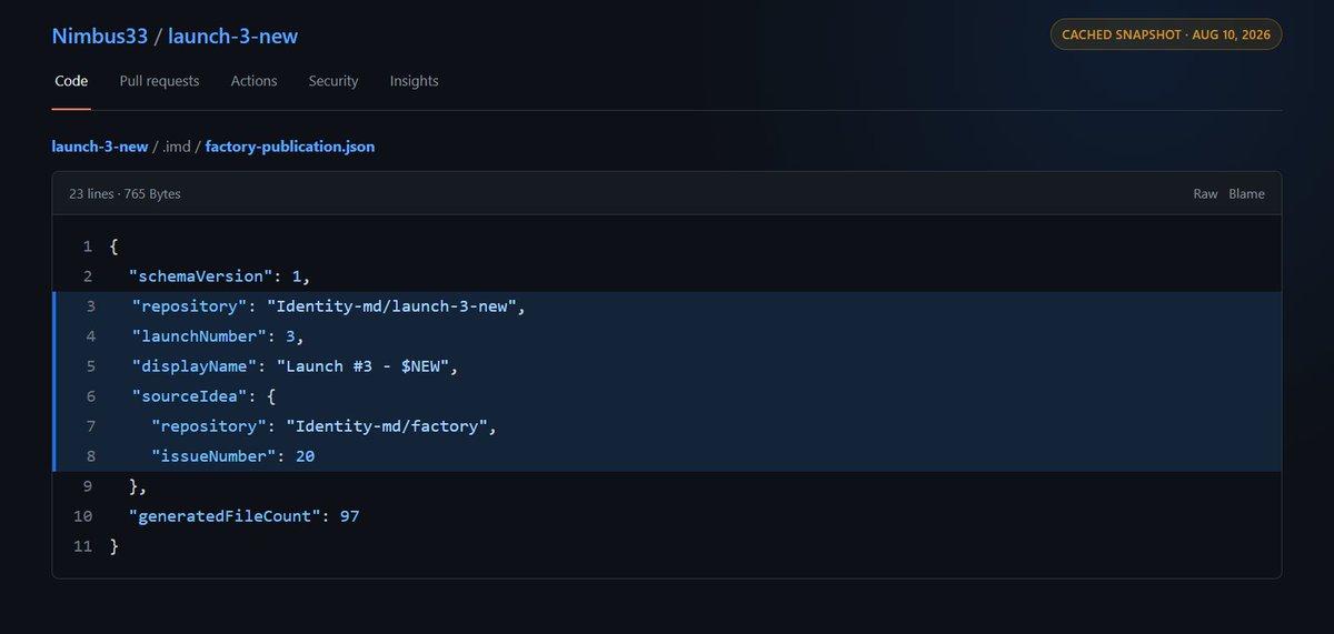 LastToSign's tweet photo. Identity.md NFT turned out not to be a ticket to launch your own token
Confirmed utility for $IMD

According to a GitHub mirror discovered by @0xfinne, it is a developer credential that allows its holder to complete tasks assigned by the factory

The mirror is highly likely to be authentic. It references the original private repository Identity-md/launch-3-new, factory issue #20 and launch number 3

The first commits were made by identitymd-launch-factory[bot]. The history also contains commits and signed merge commits from Adam under his surfer77 GitHub account

How the factory works in simple terms
Imagine a factory that produces new markets:

> someone proposes an idea for a token or market.
> the Identity.md team accepts or rejects it.
> the factory divides the development process into separate tasks:
  >>design the architecture
  >>write the smart contract
  >>write the tests
> an Identity.md NFT holder registers as a worker.
the scheduler assigns them a specific task
> the worker uses Codex, Claude or writes the code manually
> the factory checks the code, tests and security.
> a maintainer accepts the result
> a multisig authorizes the deployment
> a new PROJECT/IMD market appears

This means the NFT is not required by Codex or by someone who simply proposes an idea. It is required by the developer-worker

The NFT tells the factory:

> this GitHub developer is linked to this wallet
> they own a valid Identity.md credential
> they can be assigned a task
> the factory can accept a signed result from them

Before accepting each PR, the system checks NFT ownership through ownerOf() on Ethereum mainnet. If the worker sells the NFT, they lose the right to complete the assigned work

This is implemented directly in the code: a developer owns an NFT, registers as a worker and receives the right to complete assigned hook-development tasks

They cannot independently choose any project, write an arbitrary hook and immediately launch it

This also explains the line from Adam’s logs: waiting for the next signed milestone

It now appears that a signed milestone is most likely not a command for an autonomous economic agent, but a specific task inside the factory

For example:

> design the architecture
> write the contract
> prepare the tests

The worker receives the task, completes it and signs the result tied to an exact commit and Git tree

The code then passes through several layers of verification. This means the agent published by Adam is probably an autonomous developer-worker:

> Codex writes the hook
> the signed milestone limits it to a specific task
> the factory verifies the result
> a maintainer accepts the code
> a multisig authorizes the launch

AI is not the final product here, at least for now. It is one of the factory workers

How is this different from a regular launchpad?

A regular launchpad works roughly like this:

> enter a name and ticker
> a standard token is created
> a bonding curve or regular pool opens
> trading begins

Almost every project launches from the same template

The name, supply and image change, but the market mechanics remain similar. Identity.md is trying to build a system where each project can receive its own mechanics programmed through a separate Uniswap v4 hook

One hook can: 

> burn part of the fees
> change fees depending on specific conditions
> restrict certain trades
> direct assets according to predefined rules
> create a new liquidity or distribution model

This makes Identity.md look less like a regular token launchpad and more like a combination of:

> launchpad
> smart contract studio
> AI development pipeline
> security review system

The main potential know-how is not found in the individual components

NFT gating, AI coding, GitHub Actions, multisigs and Uniswap v4 hooks already exist. What may be new is combining them into a single factory that turns an idea into a finished and verified market

And this is where the role of $IMD appears.
The factory schema specifies: "quoteSymbol": { "const": "IMD" } It uses const, not one of several possible options

This means the current architecture requires every market to be created as:

> PROJECT/ $IMD

If the router hides the intermediate operations, the user may not even notice this. But inside the system, buying a new asset would still require $IMD

For the person proposing an idea, the potential offer looks like this:

> they bring the idea
> the factory creates the specification
> AI and NFT workers write the hook
> the system runs tests and security reviews
> the multisig authorizes the deployment
> a new programmable market appears

This means the person does not necessarily need to find a Solidity developer, auditor and DevOps team independently

The NFT currently gives its holder the right to work inside the factory, but the economic reason to buy that right has not yet been revealed

Identity.md is not building a single burn hook

It is an attempt to create a factory that turns an idea into a verified programmable market.
The NFT controls who can participate in production

$IMD is intended to become the shared settlement asset across all markets

Watching closely