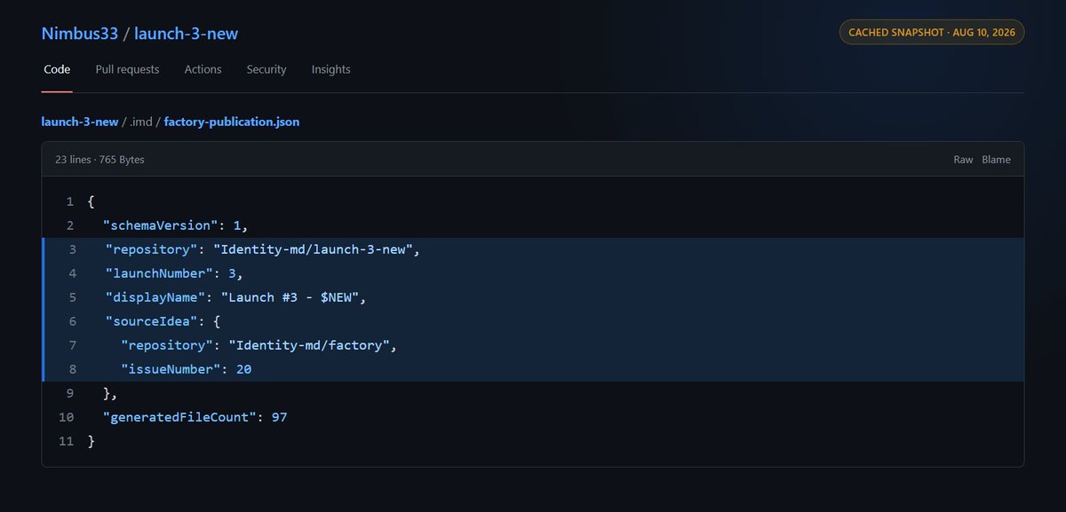 LastToSign's tweet photo. Identity.md NFT turned out not to be a ticket to launch your own token
Confirmed utility for $IMD

According to a GitHub mirror discovered by @0xfinne, it is a developer credential that allows its holder to complete tasks assigned by the factory

The mirror is highly likely to be authentic. It references the original private repository Identity-md/launch-3-new, factory issue #20 and launch number 3

The first commits were made by identitymd-launch-factory[bot]. The history also contains commits and signed merge commits from Adam under his surfer77 GitHub account

How the factory works in simple terms
Imagine a factory that produces new markets:

> someone proposes an idea for a token or market.
> the Identity.md team accepts or rejects it.
> the factory divides the development process into separate tasks:
  >>design the architecture
  >>write the smart contract
  >>write the tests
> an Identity.md NFT holder registers as a worker.
the scheduler assigns them a specific task
> the worker uses Codex, Claude or writes the code manually
> the factory checks the code, tests and security.
> a maintainer accepts the result
> a multisig authorizes the deployment
> a new PROJECT/IMD market appears

This means the NFT is not required by Codex or by someone who simply proposes an idea. It is required by the developer-worker

The NFT tells the factory:

> this GitHub developer is linked to this wallet
> they own a valid Identity.md credential
> they can be assigned a task
> the factory can accept a signed result from them

Before accepting each PR, the system checks NFT ownership through ownerOf() on Ethereum mainnet. If the worker sells the NFT, they lose the right to complete the assigned work

This is implemented directly in the code: a developer owns an NFT, registers as a worker and receives the right to complete assigned hook-development tasks

They cannot independently choose any project, write an arbitrary hook and immediately launch it

This also explains the line from Adam’s logs: waiting for the next signed milestone

It now appears that a signed milestone is most likely not a command for an autonomous economic agent, but a specific task inside the factory

For example:

> design the architecture
> write the contract
> prepare the tests

The worker receives the task, completes it and signs the result tied to an exact commit and Git tree

The code then passes through several layers of verification. This means the agent published by Adam is probably an autonomous developer-worker:

> Codex writes the hook
> the signed milestone limits it to a specific task
> the factory verifies the result
> a maintainer accepts the code
> a multisig authorizes the launch

AI is not the final product here, at least for now. It is one of the factory workers

How is this different from a regular launchpad?

A regular launchpad works roughly like this:

> enter a name and ticker
> a standard token is created
> a bonding curve or regular pool opens
> trading begins

Almost every project launches from the same template

The name, supply and image change, but the market mechanics remain similar. Identity.md is trying to build a system where each project can receive its own mechanics programmed through a separate Uniswap v4 hook

One hook can: 

> burn part of the fees
> change fees depending on specific conditions
> restrict certain trades
> direct assets according to predefined rules
> create a new liquidity or distribution model

This makes Identity.md look less like a regular token launchpad and more like a combination of:

> launchpad
> smart contract studio
> AI development pipeline
> security review system

The main potential know-how is not found in the individual components

NFT gating, AI coding, GitHub Actions, multisigs and Uniswap v4 hooks already exist. What may be new is combining them into a single factory that turns an idea into a finished and verified market

And this is where the role of $IMD appears.
The factory schema specifies: "quoteSymbol": { "const": "IMD" } It uses const, not one of several possible options

This means the current architecture requires every market to be created as:

> PROJECT/ $IMD

If the router hides the intermediate operations, the user may not even notice this. But inside the system, buying a new asset would still require $IMD

For the person proposing an idea, the potential offer looks like this:

> they bring the idea
> the factory creates the specification
> AI and NFT workers write the hook
> the system runs tests and security reviews
> the multisig authorizes the deployment
> a new programmable market appears

This means the person does not necessarily need to find a Solidity developer, auditor and DevOps team independently

The NFT currently gives its holder the right to work inside the factory, but the economic reason to buy that right has not yet been revealed

Identity.md is not building a single burn hook

It is an attempt to create a factory that turns an idea into a verified programmable market.
The NFT controls who can participate in production

$IMD is intended to become the shared settlement asset across all markets

Watching closely