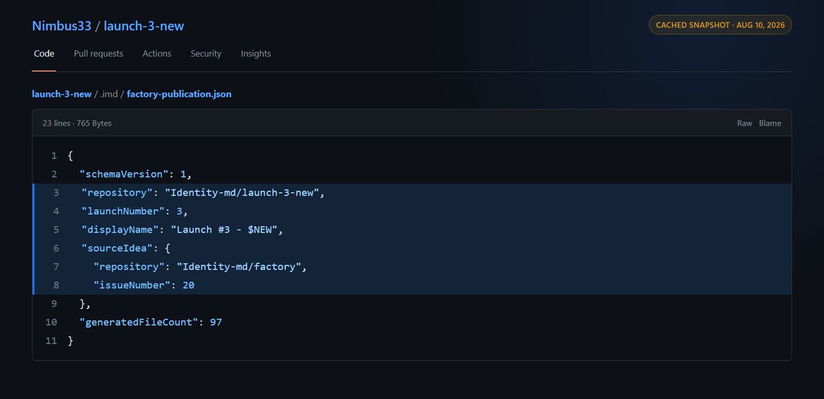 LastToSign's tweet photo. Identity.md NFT turned out not to be a ticket to launch your own token
Confirmed utility for $IMD

According to a GitHub mirror discovered by @0xfinne, it is a developer credential that allows its holder to complete tasks assigned by the factory

The mirror is highly likely to be authentic. It references the original private repository Identity-md/launch-3-new, factory issue #20 and launch number 3

The first commits were made by identitymd-launch-factory[bot]. The history also contains commits and signed merge commits from Adam under his surfer77 GitHub account

How the factory works in simple terms
Imagine a factory that produces new markets:

> someone proposes an idea for a token or market.
> the Identity.md team accepts or rejects it.
> the factory divides the development process into separate tasks:
  >>design the architecture
  >>write the smart contract
  >>write the tests
> an Identity.md NFT holder registers as a worker.
the scheduler assigns them a specific task
> the worker uses Codex, Claude or writes the code manually
> the factory checks the code, tests and security.
> a maintainer accepts the result
> a multisig authorizes the deployment
> a new PROJECT/IMD market appears

This means the NFT is not required by Codex or by someone who simply proposes an idea. It is required by the developer-worker

The NFT tells the factory:

> this GitHub developer is linked to this wallet
> they own a valid Identity.md credential
> they can be assigned a task
> the factory can accept a signed result from them

Before accepting each PR, the system checks NFT ownership through ownerOf() on Ethereum mainnet. If the worker sells the NFT, they lose the right to complete the assigned work

This is implemented directly in the code: a developer owns an NFT, registers as a worker and receives the right to complete assigned hook-development tasks

They cannot independently choose any project, write an arbitrary hook and immediately launch it

This also explains the line from Adam’s logs: waiting for the next signed milestone

It now appears that a signed milestone is most likely not a command for an autonomous economic agent, but a specific task inside the factory

For example:

> design the architecture
> write the contract
> prepare the tests

The worker receives the task, completes it and signs the result tied to an exact commit and Git tree

The code then passes through several layers of verification. This means the agent published by Adam is probably an autonomous developer-worker:

> Codex writes the hook
> the signed milestone limits it to a specific task
> the factory verifies the result
> a maintainer accepts the code
> a multisig authorizes the launch

AI is not the final product here, at least for now. It is one of the factory workers

How is this different from a regular launchpad?

A regular launchpad works roughly like this:

> enter a name and ticker
> a standard token is created
> a bonding curve or regular pool opens
> trading begins

Almost every project launches from the same template

The name, supply and image change, but the market mechanics remain similar. Identity.md is trying to build a system where each project can receive its own mechanics programmed through a separate Uniswap v4 hook

One hook can: 

> burn part of the fees
> change fees depending on specific conditions
> restrict certain trades
> direct assets according to predefined rules
> create a new liquidity or distribution model

This makes Identity.md look less like a regular token launchpad and more like a combination of:

> launchpad
> smart contract studio
> AI development pipeline
> security review system

The main potential know-how is not found in the individual components

NFT gating, AI coding, GitHub Actions, multisigs and Uniswap v4 hooks already exist. What may be new is combining them into a single factory that turns an idea into a finished and verified market

And this is where the role of $IMD appears.
The factory schema specifies: "quoteSymbol": { "const": "IMD" } It uses const, not one of several possible options

This means the current architecture requires every market to be created as:

> PROJECT/ $IMD

If the router hides the intermediate operations, the user may not even notice this. But inside the system, buying a new asset would still require $IMD

For the person proposing an idea, the potential offer looks like this:

> they bring the idea
> the factory creates the specification
> AI and NFT workers write the hook
> the system runs tests and security reviews
> the multisig authorizes the deployment
> a new programmable market appears

This means the person does not necessarily need to find a Solidity developer, auditor and DevOps team independently

The NFT currently gives its holder the right to work inside the factory, but the economic reason to buy that right has not yet been revealed

Identity.md is not building a single burn hook

It is an attempt to create a factory that turns an idea into a verified programmable market.
The NFT controls who can participate in production

$IMD is intended to become the shared settlement asset across all markets

Watching closely