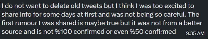 Excetraz's tweet photo. I'll take the L on this one I guess 😭

Minecraft was the only "Rumor" Adira posted, and it wouldn't make sense for them to be "not even 50% sure" about the collab even though they are an Epic employee. https://t.co/68puRroY80
