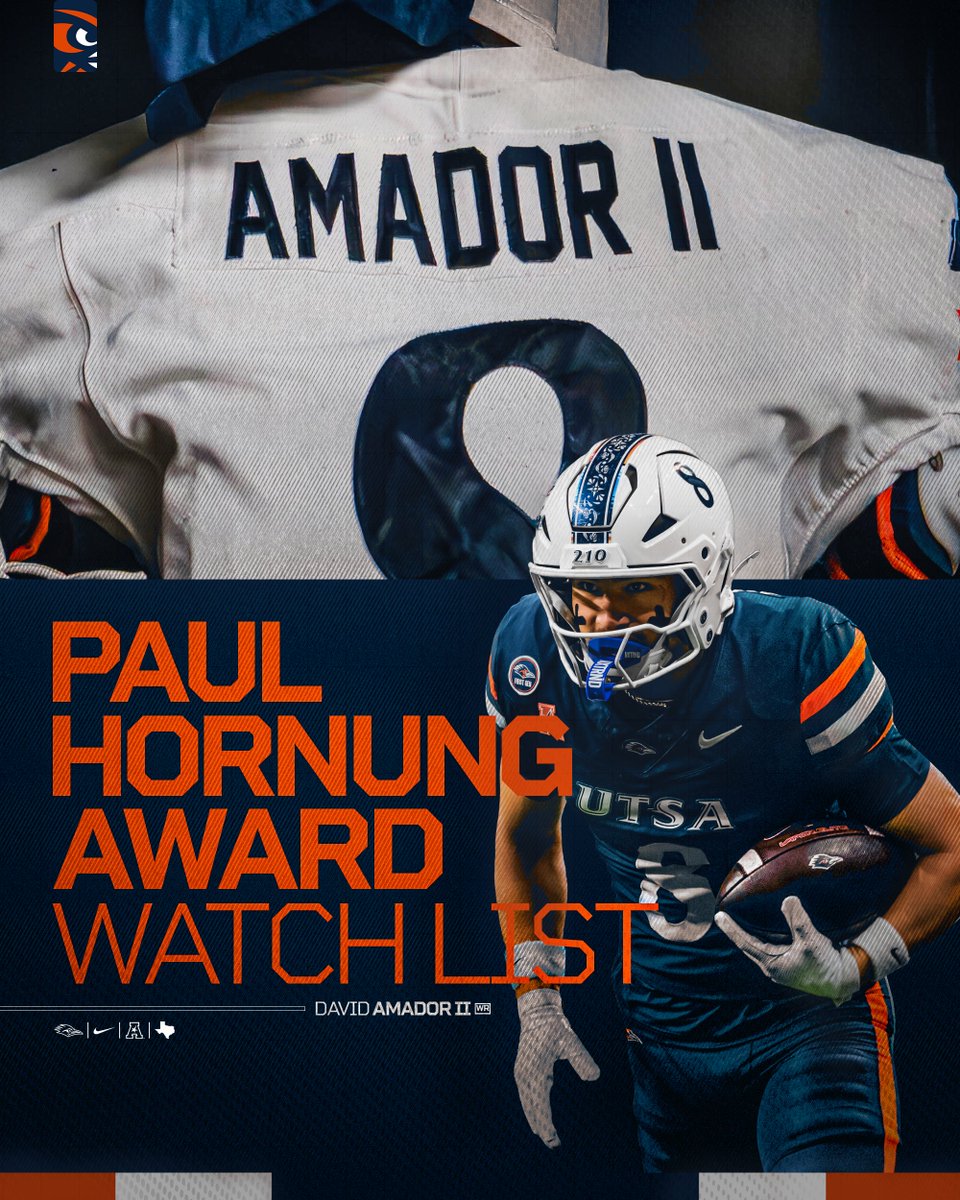 UTSAFTBL's tweet photo. UTSA wide receiver David Amador II was named to the Paul Hornung Award Watch List! 

📰https://t.co/ABN1NMj0W1

#210TriangleOfToughness | #BirdsUp 🤙 https://t.co/xhmmgpUCgB