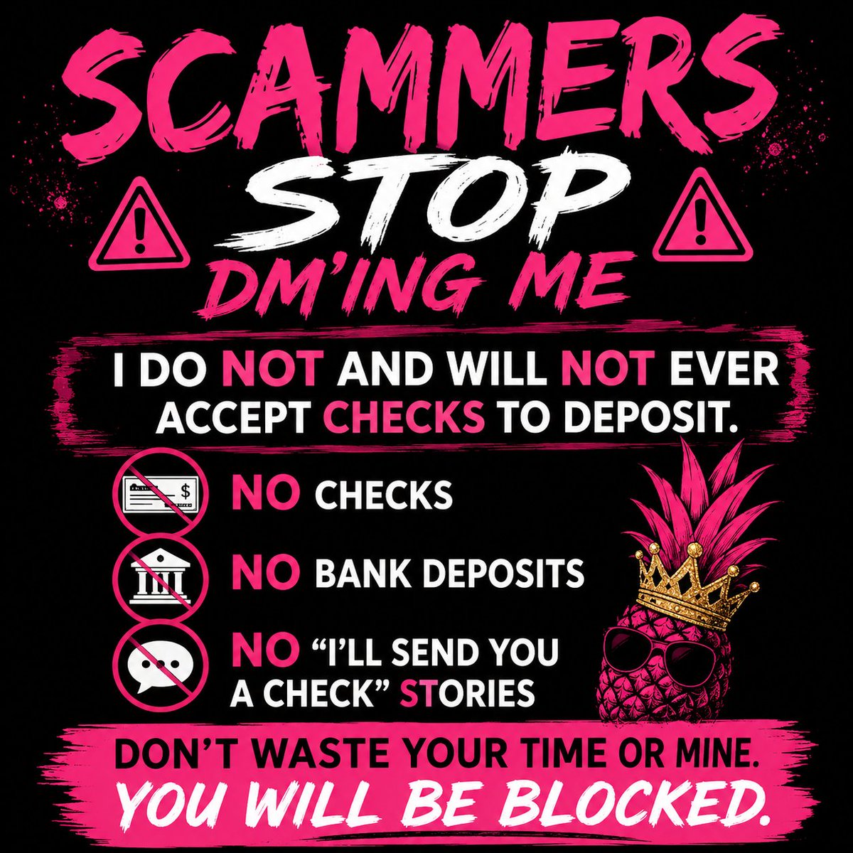 velvetkitten29's tweet photo. I only use my Throne account. If you DM me asking to Deposite a check you will be blocked!!!!! Stop wasting my time. #Findom #FinDomme #FinancialDomination #Scammers #NoScammers #ScamWarning #DMWarning #TributeOnly #BlockAndMoveOn #PayPig #XFindom https://t.co/FzLYJD6Oni