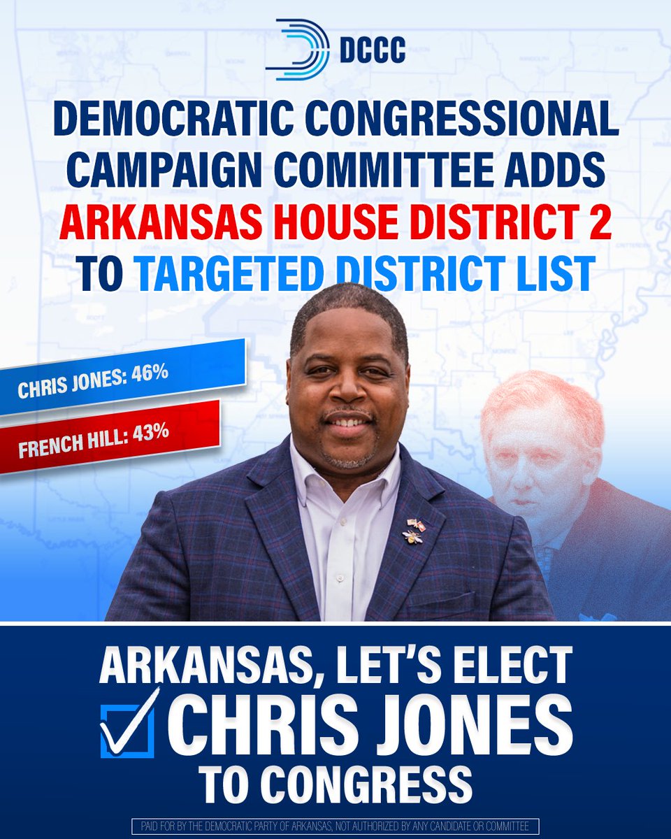 ArkDems's tweet photo. ICYMI 🚨

Last week, the @dccc added @JonesForAR to their list of districts Democrats CAN FLIP in 2026. 

Dr. Jones CAN win this race, but we need ALL HANDS ON DECK to show up and support his campaign until Nov. 3 ‼️

Read more 👇 https://t.co/UAsNXDfRkQ