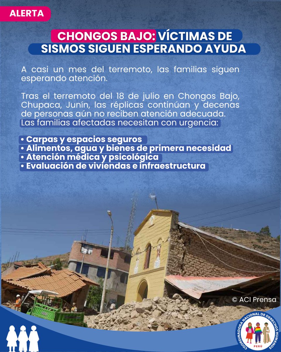 cnddhh's tweet photo. 🚨#ALERTA | Chongos Bajo (Junín): A casi un mes del sismo del 18 de julio, decenas de familias siguen esperando atención adecuada mientras réplicas continúan.

(1/2) https://t.co/IjkWElp0wd