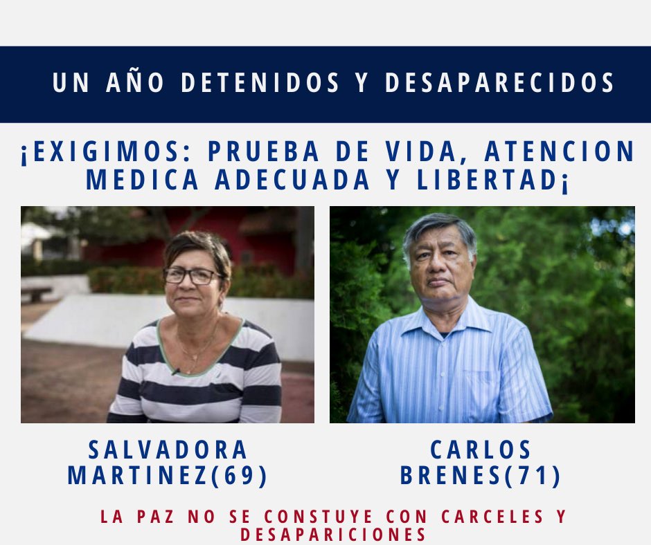 unamosnica's tweet photo. 🟠Este 15 de agosto se cumple un año de la detención arbitraria y desaparición de Carlos Brenes y Salvadora Martinez en #Nicaragua. Además, este 8 de agosto Salvadora cumplió 69 años lejos de su hogar. Son dos adultos mayores con delicado estado de salud y sus vidas corren peligro bajo custodia del Estado. ¿Dónde están? Exigimos una prueba de vida inmediata, atención médica y su liberación. 

¡No nos callamos hasta que vuelvan! Exigimos verlos. 📢✊
#NicaraguaSOS #LibertadYa #NicaraguaSinPresosPolíticos #NicaraguaQuierePaz