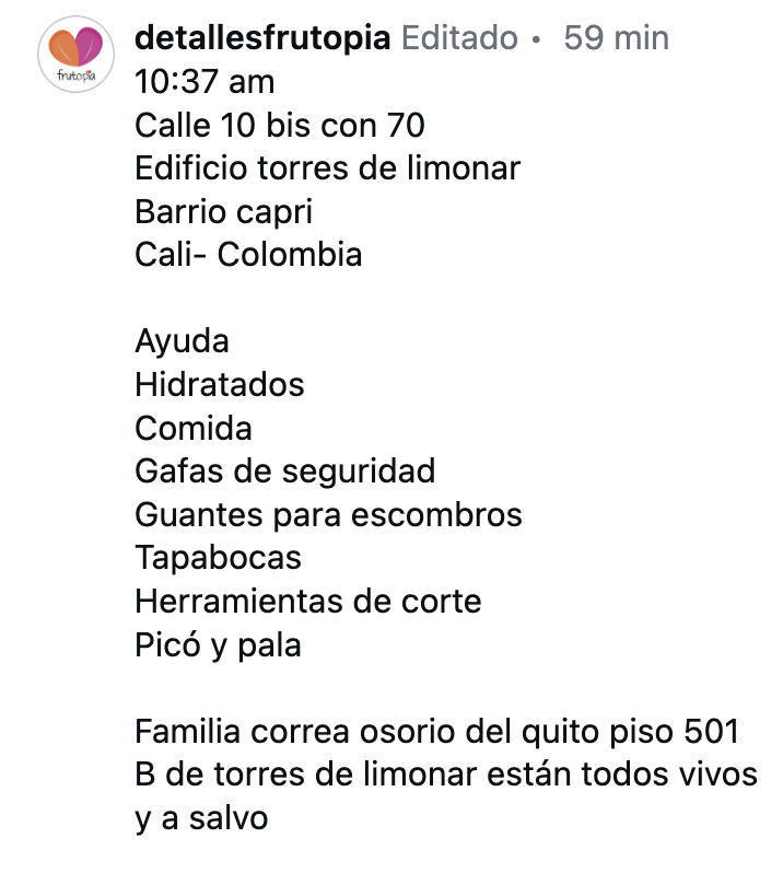 LaTele_Letal's tweet photo. Necesitan ayuda en Cali. 

Calle 10 bis con 70
Edificio torres de limonar
Barrio capri https://t.co/AJYsLc96TH