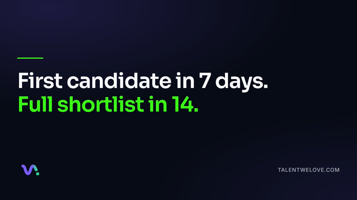 TalentweloveAI's tweet photo. First candidate in 7 days. Full shortlist in 14. You pay when you hire. Fee published and capped at 14%. That is the whole offer. https://t.co/MJmq7ezoIv