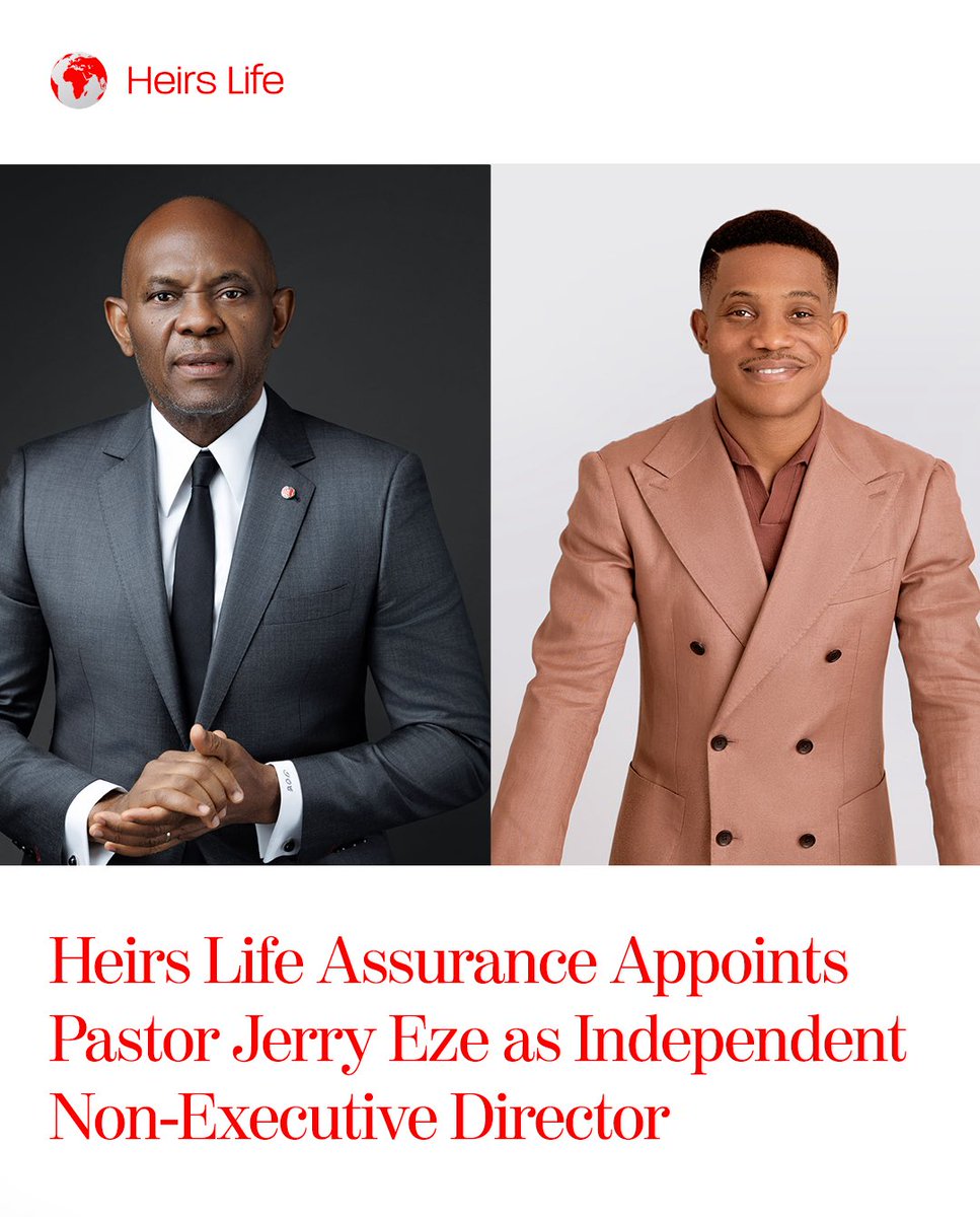 HeirsInsurance_'s tweet photo. We are pleased to announce the appointment of Pastor Jerry Eze (@RealJerryEze) as an Independent Non-Executive Director of Heirs Life Assurance effective August 10, 2026. https://t.co/qlMdCnEi4s