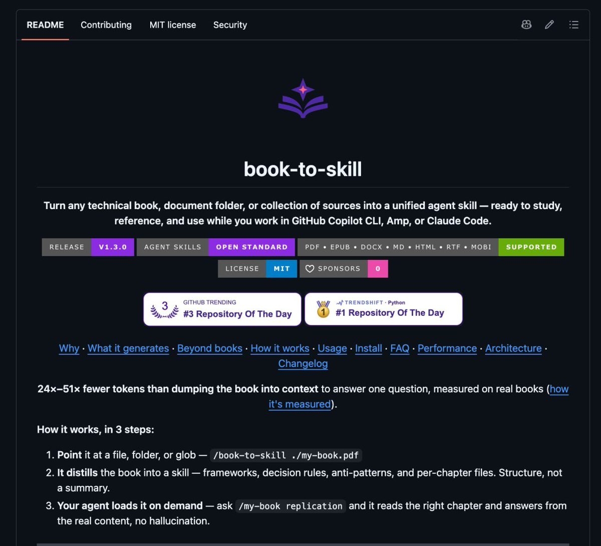 CypherDeveloper's tweet photo. با این ابزار می‌تونی هر کتابی (PDF/EPUB/DOCX/Markdown) رو به یه Skill برای AI تبدیل کنی
خودش خلاصه فصل‌ها و نکات مهم رو درمیاره و مصرف توکن رو تا ۵۱ برابر کم می‌کنه!

 https://t.co/GYtCxnqKHO

دوستان اگر با پست ها حال میکنید ممنون میشم فالو کنید تا ی مقدار پیشرفت کنیم😊 https://t.co/q44W3g09uV