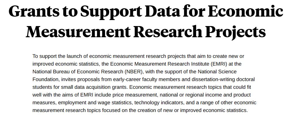 nberpubs's tweet photo. Open call for proposals, Grants to Support Data for Economic Measurement Research Projects. Submit proposals by 11:59pm EDT on September 30, 2026. More information: https://t.co/7yNE3bP4wh https://t.co/Lhsroq9V2O