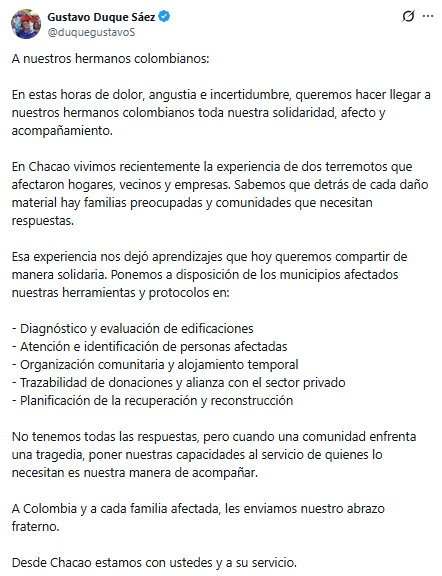 Chacao's tweet photo. Desde Chacao nuestro alcalde @duquegustavoS expresa  un mensaje de solidaridad con nuestros hermanos colombianos 👇 que Dios nos proteja a todos. https://t.co/5Mq6RL1oD4