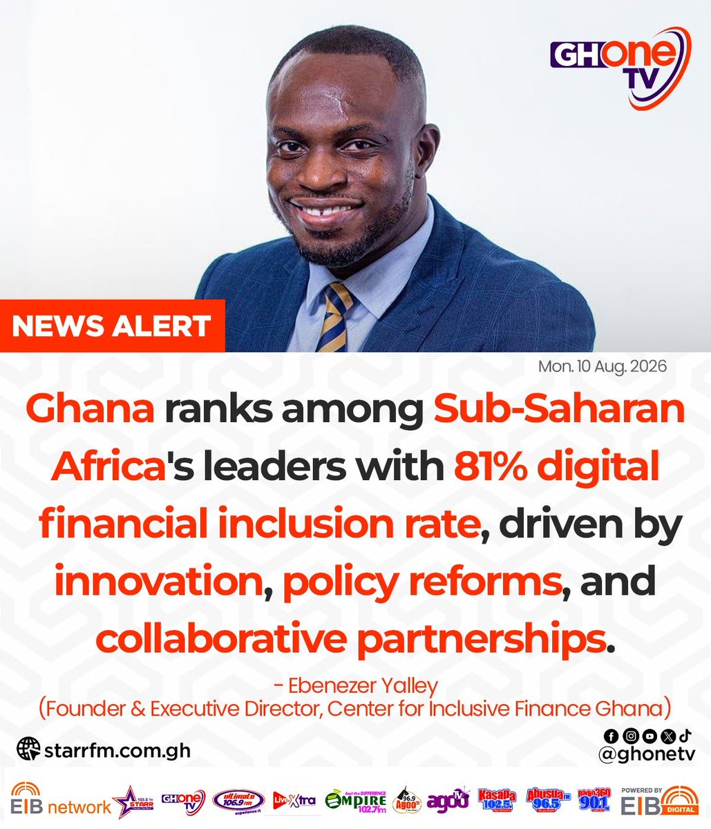 ghonetv's tweet photo. Ghana ranks among Sub-Saharan Africa's leaders with 81% digital financial inclusion rate, driven by innovation, policy reforms, and collaborative partnerships... - Ebenezer Yalley (Founder & Executive Director, Center for Inclusive Finance Ghana)

#GHOneNews #EIBNetwork
#GHOneTV #NewsAlert