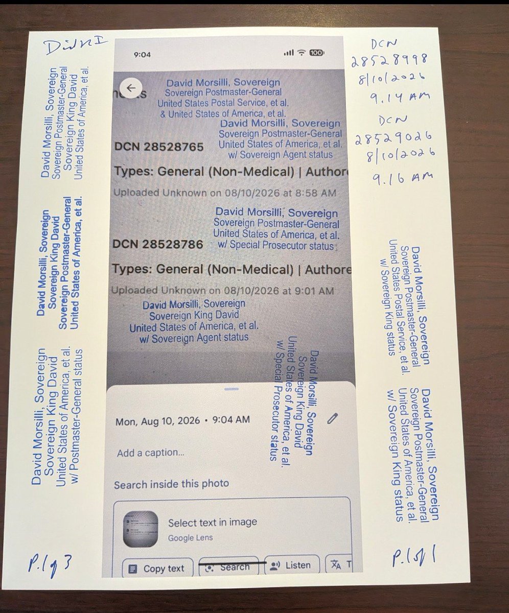 davidmorsilli's tweet photo. @POTUS @SCOTUS @USCongress @USArmy @SecWar @MELANIATRUMP @realDonaldTrump @KensingtonRoyal @RIJudiciary @UN @USPS @UPU_UN @IsraeliPM @RoyalFamily @UN_Sudan @UKinUSA @DefenseIntel @thejointstaff @TheJusticeDept @KremlinRussia_E @IDF @CENTCOM
Today's Memo 10 Aug 2026
P1/1 &amp; E1/1 https://t.co/h4AdcThQ7i