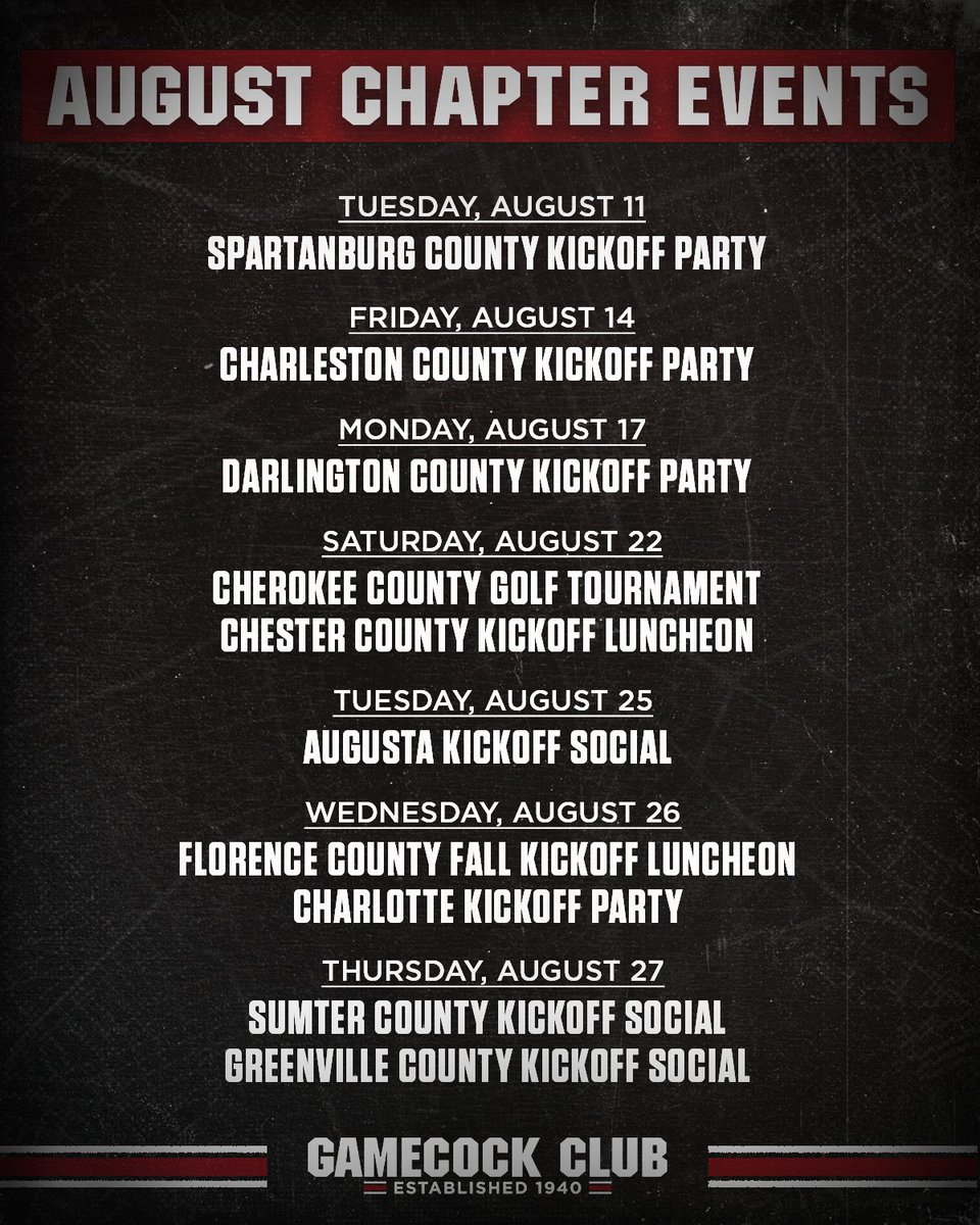 TheGamecockClub's tweet photo. There's still time to make plans to join us at one of the upcoming events hosted by our Gamecock Club Chapters!

➡️ https://t.co/wBHVUj14pw https://t.co/wLp29vbZJN