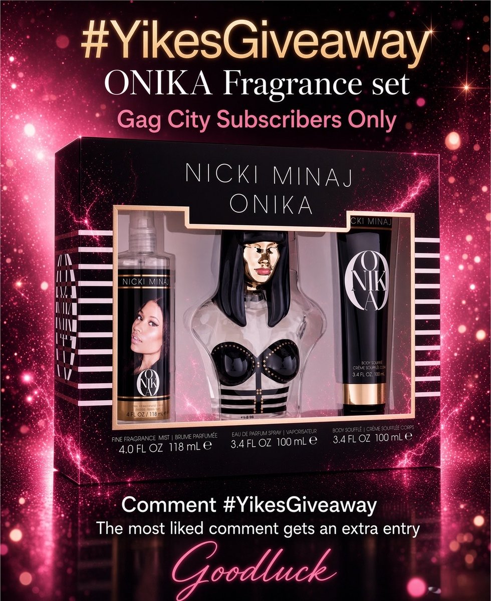 ice4what's tweet photo. 🎁🎊 GIVEAWAY 🎊🎁

Celebrating the #GagCitySub & all Barbz who have been supporting! 🫶🏽

Prize: 1x #ONIKA Fragrance Set✨

To enter:
1.  Follow @ice4what & @sarryahminaj
2.  Be subscribed to @NICKIMINAJ
3.  Reply #YikesGiveaway in the comments

🏆 Winner announced Friday August 14th via automated system
 (USA BARBZ only) 

Any issues please DM. 
Goodluck!🤞🏽#8YearsOfQueen