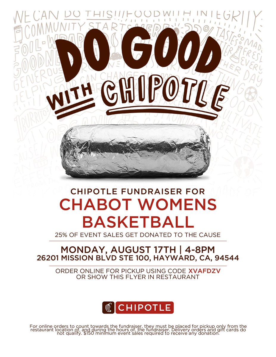 chabotwbb's tweet photo. Come grab some Chipotle &amp; support Chabot Women’s Basketball! 💛🖤

📅 Mon. Aug. 17 | 4–8 PM
📍 26201 Mission Blvd, Hayward
💰 25% of sales support our program!

📲 Online orders: Use code XVAFDZV &amp; select PICKUP.

Help us get the W and spread the word! See you at Chipotle! https://t.co/hYNLHQca69