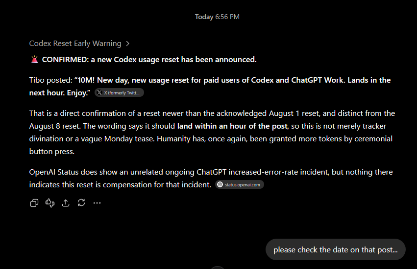 TajemnikTV's tweet photo. @thsottiaux I love using ChatGPT automation <3 
Could it be probably worked around with explicitly telling CGPT to check dates, confirm whether it's post current date? Maybe I guess. But is that what automations were meant to be? https://t.co/82gxI4aKs0