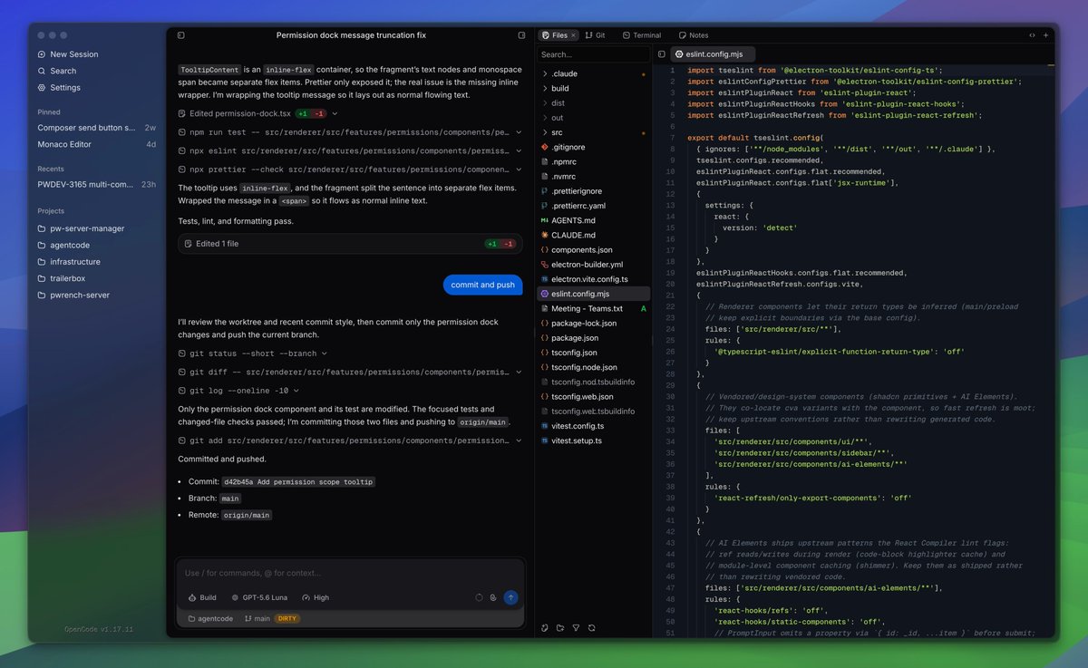 keith__w's tweet photo. @thdxr My own frontend for OC using V1 of the SDK. Has a built-in file editor, git diff, terminal and notes for each session. Also inspired by iMessage so I can talk to my agents with blue bubbles 😜 https://t.co/uGYIGQkGb8