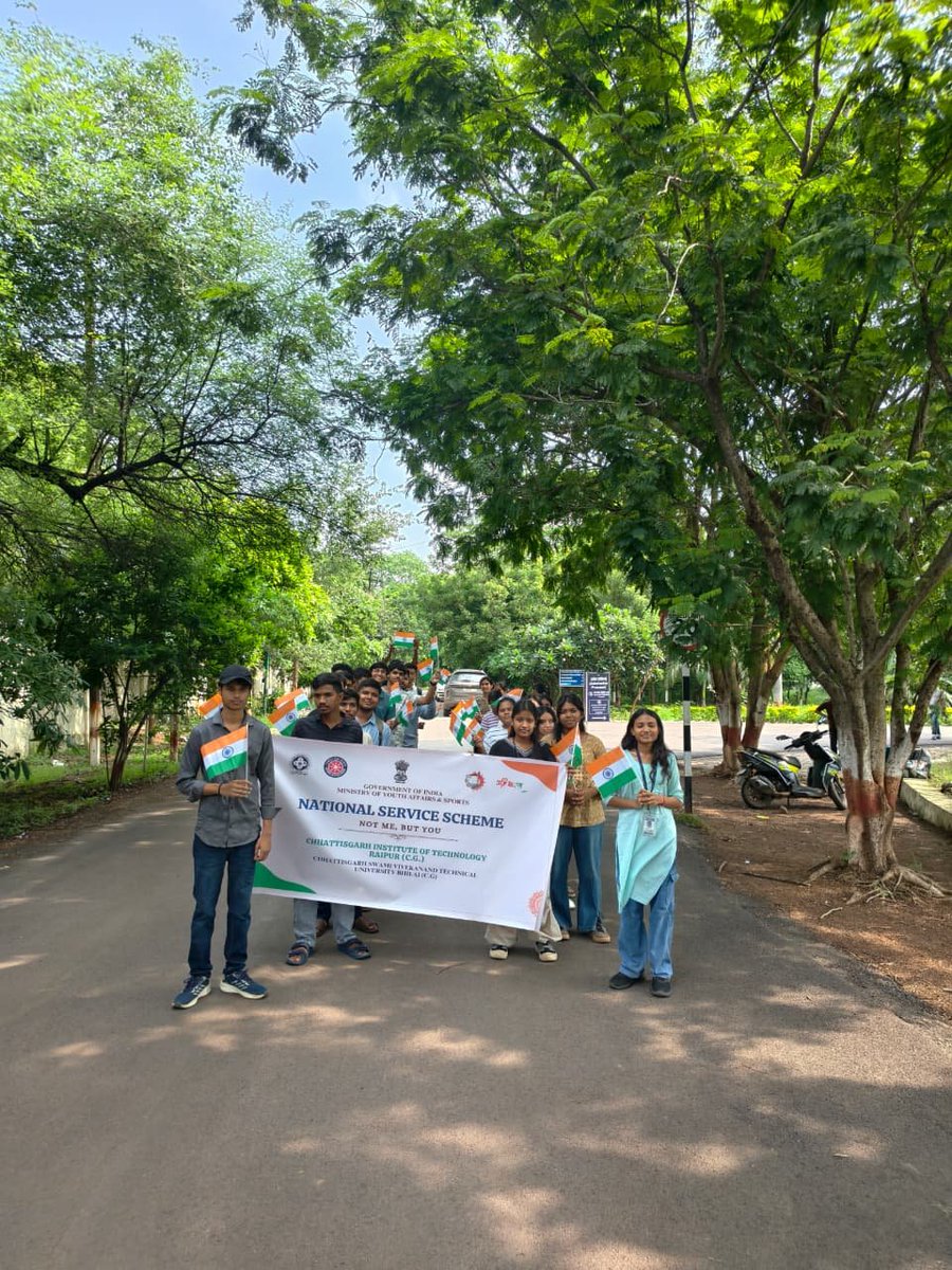 cgitr06's tweet photo. NSS Unit, CGIT Raipur organized a Tiranga Rally on 10 Aug 2026 under #HarGharTiranga.
Volunteers &amp; students spread the message of patriotism &amp; urged everyone to hoist the Tiranga at home.
Guided by Mr. Prashant Sahu &amp; Dr. Shashibala Kindo. Jai Hind!
#TirangaRally #NSS https://t.co/AyNdDoXs6c