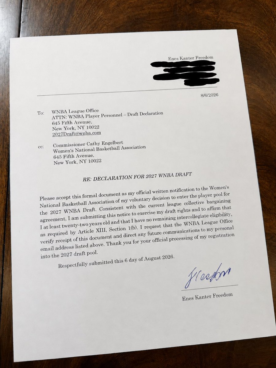 HARRISFAULKNER's tweet photo. BREAKING NEWS: Source just sent this to me. Looks like this is going to the next level. (Privacy preserved for my friend @EnesFreedom). 

In the name of protecting womens sports Enes and @Highway_30 take action! 
#wnba
#sophiecunningham https://t.co/tJnZSlp64Z