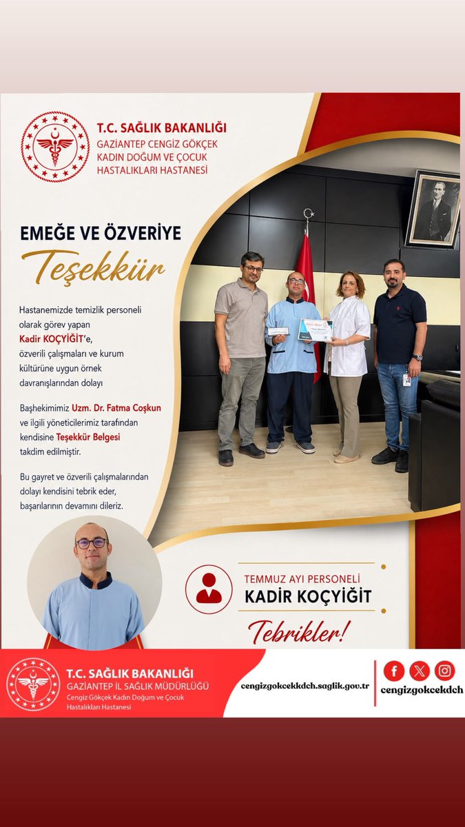 CengizGokceKdcH's tweet photo. Hastanemizde temizlik personeli olarak görev yapan Kadir KOÇYİĞİT’e, özverili çalışmaları ve kurum kültürüne uygun örnek davranışlarından dolayı Başhekimimiz Uzm. Dr. Fatma Coşkun ve ilgili yöneticilerimiz tarafından Teşekkür Belgesi takdim edilmiştir. @gaziantepism https://t.co/YPAPw1i1YF