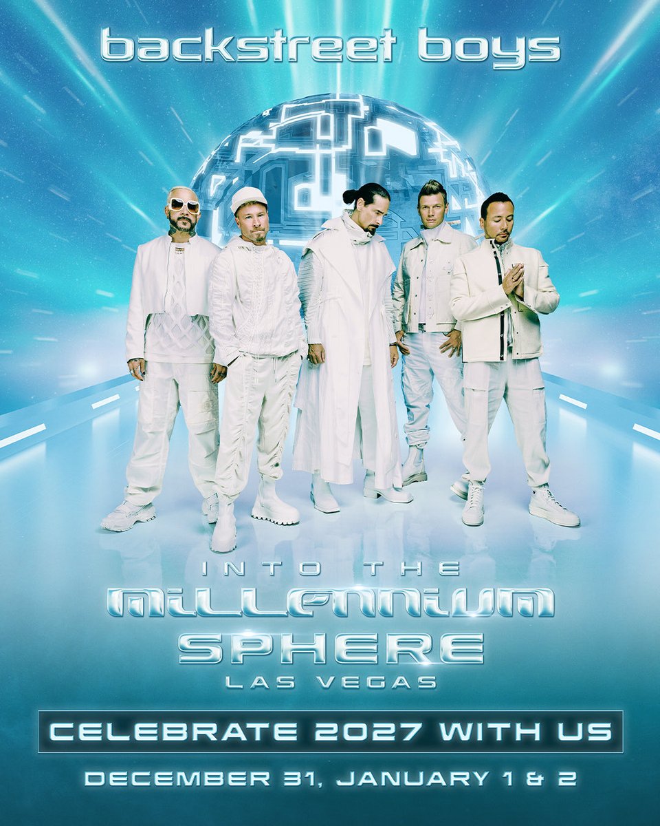 SphereVegas's tweet photo. Backstreet Boys to ring in the New Year at Sphere with three new dates for "Into the Millennium" on Dec 31, Jan 1 & 2! 

Sign-up now for Artist Presale access via https://t.co/GxAvRMdung. Artist presale begins Wed, Aug 19 at 10am PT. 

Vibee Travel & Experience Packages go on sale Wed, Aug 12 at https://t.co/y4mGKqlzB4. 

Tickets for the new dates go on sale to the general public on Fri, Aug 21 at 10am PT.