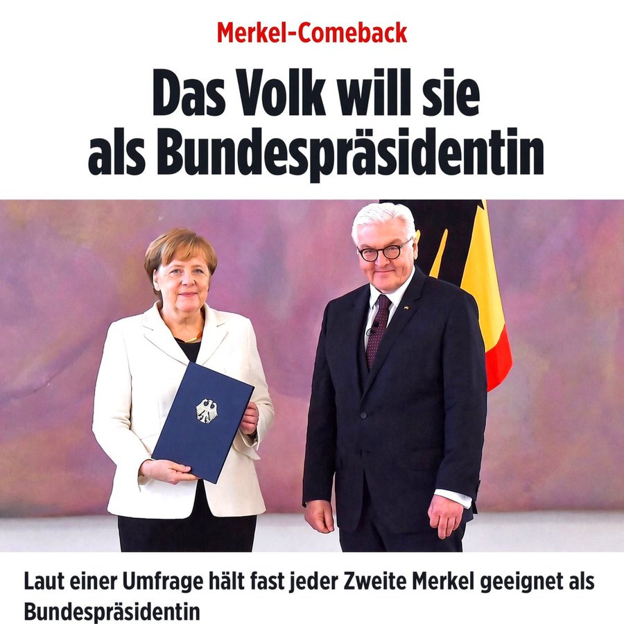 Markus_Krall's tweet photo. Wie hat die Frageformulierung wohl gelautet, dass sowas rauskommt? Meine Vermutung: 
Würden Sie 
a) Merkel als Präsidentin wollen, wenn sie dafür lebenslänglich eingesperrt wird? oder
b) Schwebt Ihnen eine schlimmere Strafe vor? 
Dann hat sich halt die Hälfte gnädig für a) entschieden.