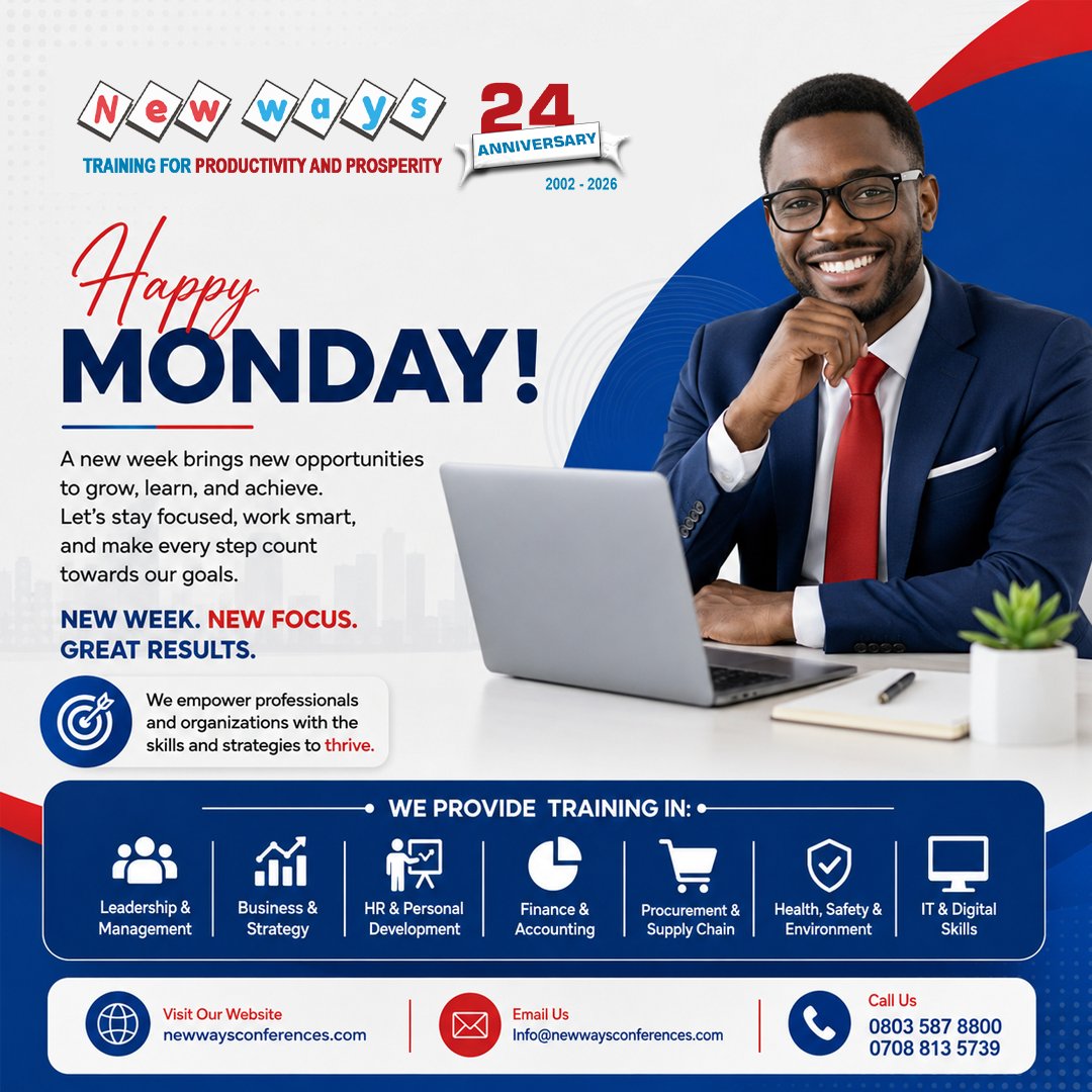 NewwaysConsult's tweet photo. New week. New focus. Great results. 💙❤️

A new week brings new opportunities to grow, learn, and achieve. Let’s stay focused, work smart, and make every step count toward our goals.

At Newways Conferences, we empower professionals. ...read more in image description... https://t.co/wUltkMOD3B