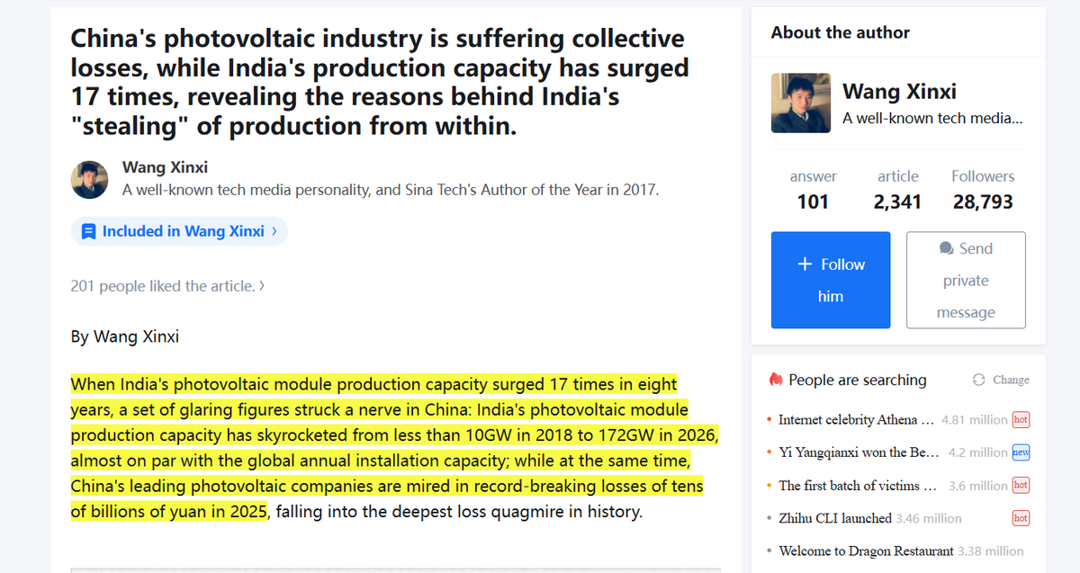 Normal_2610's tweet photo. India made under 10 GW of solar panels per year in 2018, By March 2026, that number reached 172 GW 

Government did 3 big moves. It paid companies to build factories through PLI cash rewards. It put 25-40% import taxes on foreign panels. It required government solar projects to buy only from approved Indian makers. 

Chinese panel shipments to India dropped from 8.2 GW in 2020 to 2.1 GW in 2025. China filed trade complaints at WTO in December 2025 and put licensing curbs on equipment sales.

China built way too many solar factories. Panel making capacity hit 1,100 GW but world demand is only 600 GW, Companies sell panels below cost. 

In 2025, listed Chinese solar firms together lost over 50 bn yuan. In this desperate market, Indian factory orders became lifelines because profit margins on equipment sold to India topped 35%. 

So Chinese firms keep selling India production lines even while building up competition. Beijing cut solar export tax refunds from April 2026 But each company acts alone to survive, making collective damage worse.

India can now make 213 GW of solar panels and 32 GW of solar cells per year - Sounds impressive But it still imports 100% of polysilicon, raw material inside every solar cell. 

Wafer capacity sits at only 2 GW, Over 90% of factory machines come from China. Government announced plans for new PLI support targeting 10 GW of polysilicon by 2028. It set June 2028 as deadline for approved wafer makers list. 

Chinese analysts worry India will repeat this import-to-local pattern on batteries and energy storage next 🙃🙃

India is not building solar factories alone, US government helps fund it. US development bank DFC gave $500m to First Solar and $425m to Tata Power, both for solar plants in Tamil Nadu. 

Between 2023 and 2025, 97% of Indian solar panel exports went to US market, When China blocked sales of ingot-making machines, Indian companies switched to German suppliers. Chinese analysts see this and worry.

Same pattern happened earlier in smartphones where US and Taiwan helped India build capacity, Solar follows identical route with same backers.

China created propaganda term means foreign investment graveyard to describe India. State-linked media pushed this to tell Chinese public that replacing Chinese factories was impossible. 

Chinese professor Chen Xin even called for policies to stop India from industrializing But Indian solar module capacity hit 172 GW by March 2026, Solar product exports reached $2 bn. 

Apple iPhone production in India beat Chinese predictions. Chinese side built comfort stories assuming India would fail. Those stories keep colliding with Indian output numbers climbing quarter after quarter.

Chinese solar companies are stuck, They built panel capacity of 1,100 GW but world needs only 600 GW. In 2025, listed Chinese solar firms lost over 50 bn yuan combined. 

Over 40 solar firms closed or got acquired since 2024, Selling production equipment to India earns 35% margins, much better than losing money at home. Each firm keeps selling to India even knowing it builds Indian competition. 

Now Yu Guys Are Smart just link this with dots and Rate of Change ....

https://t.co/bQhZYrUgLi