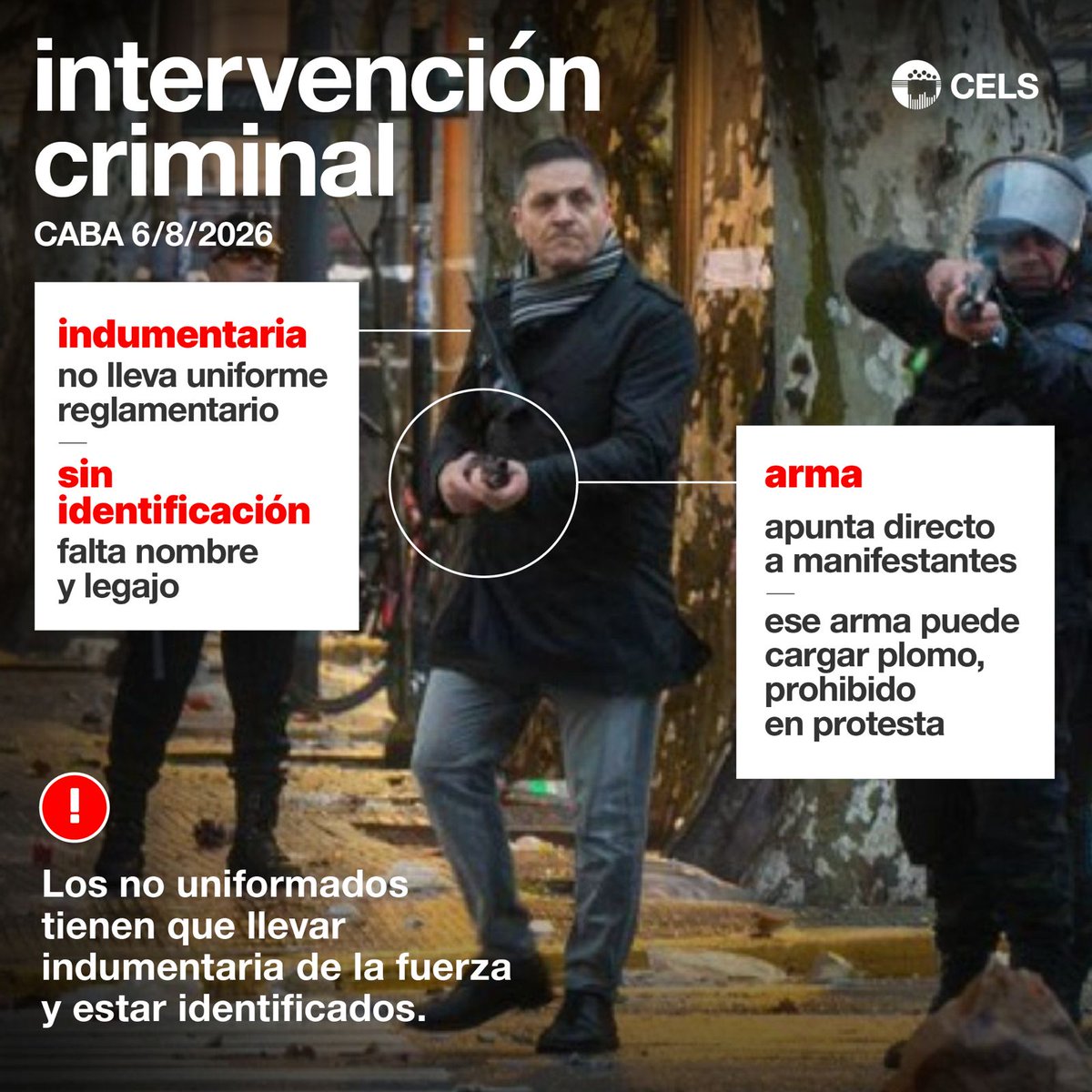 CELS_Argentina's tweet photo. Las imágenes de la represión del 6 de agosto muestran un operativo que puso en riesgo la vida, la salud y la integridad de quienes se manifiestan. El Estado convirtió la protesta en un escenario de violencia policial.

Protestar, hacerse escuchar, peticionar, son derechos. https://t.co/jJvQJFlo47