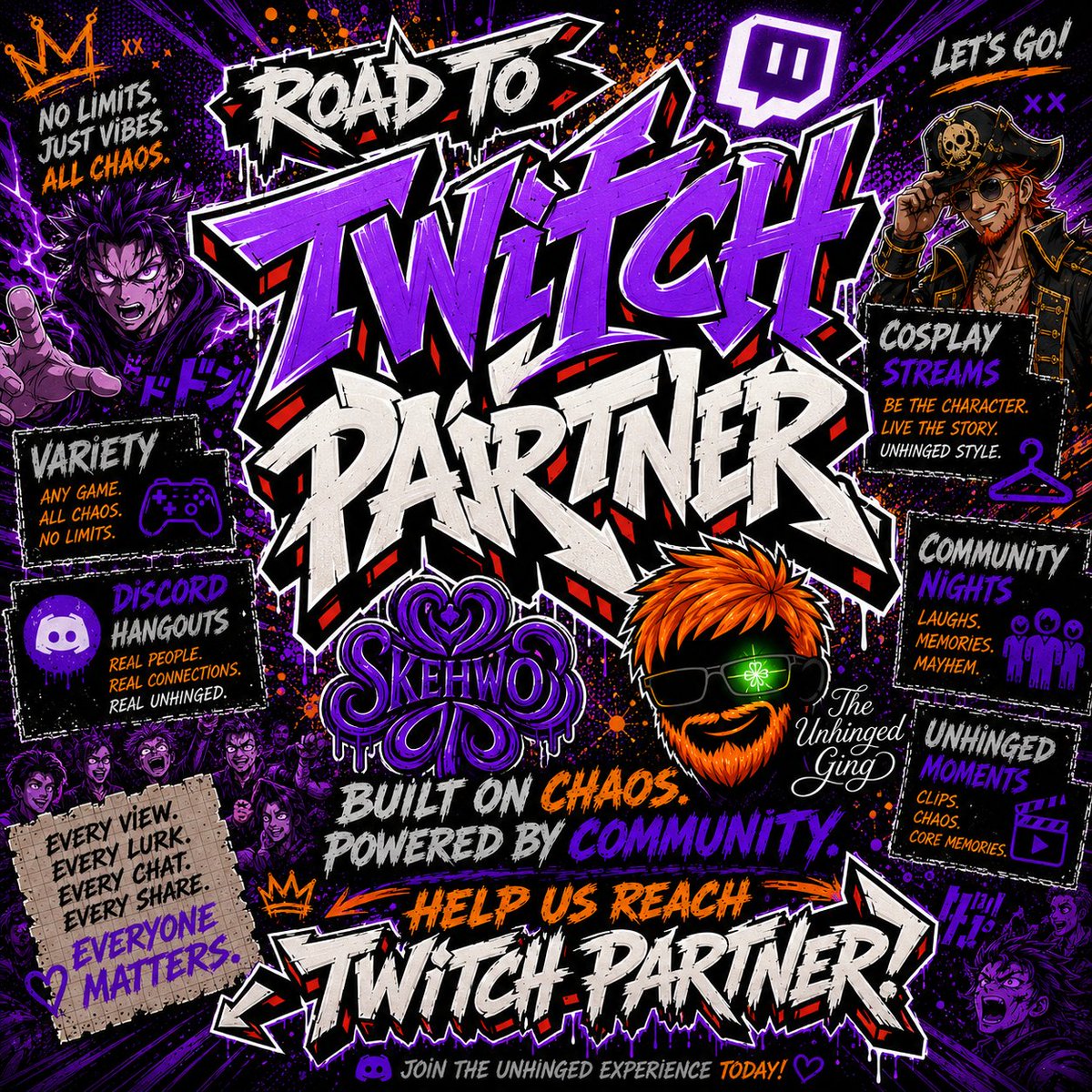 SkehwoTV's tweet photo. I may be on the screen but I'm just a Ging playing games without YOU. Every follow, every chat, every bit, every sub, every moment you spend with me is one step closer to becoming Partner on the platform. Seriously. Thank you all.
#Twitch #PartnerPush #FYP #TheUnhingedGing https://t.co/5yFF9GDfpx