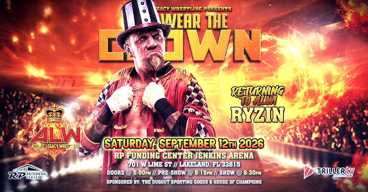 FalseFinishHQ's tweet photo. Atomic Legacy Wrestling has announced that RYZIN will be returning at ALW We Wear The Crown in Lakeland, FL at the RP Funding Center on September 12th

Get your tickets for the show at the link below or the RP Funding Center Box Office.  

https://t.co/GwLGpZ7wYo https://t.co/jD4mCcwEW5