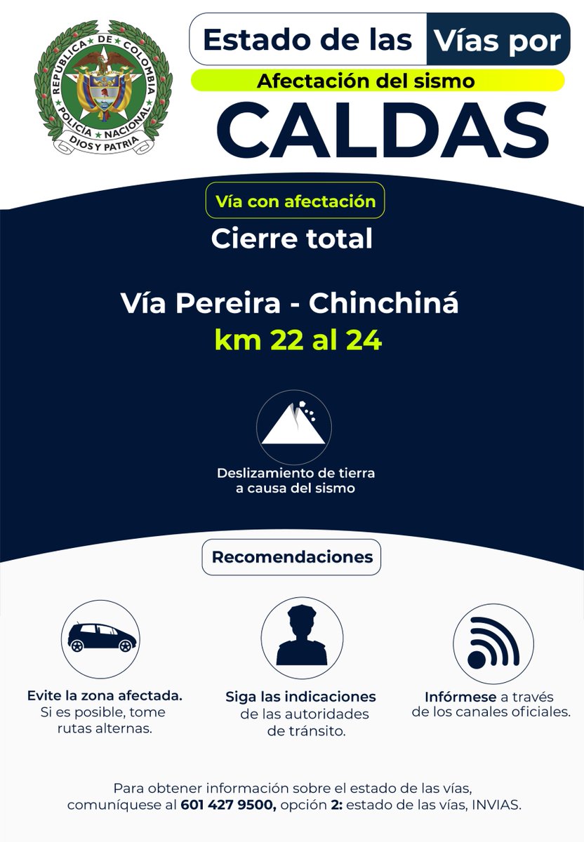 TransitoPolicia's tweet photo. 🚨ATENCIÓN, CALDAS | Por afectaciones generadas por el sismo, se presenta cierre total en un punto del departamento. #Caldas. https://t.co/bKj3YYD35Q
