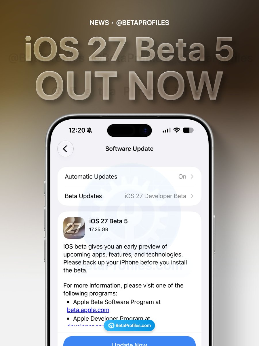 BetaProfiles's tweet photo. iOS 27 Beta 5 is out now 🔥 https://t.co/vvOu0KKGCZ