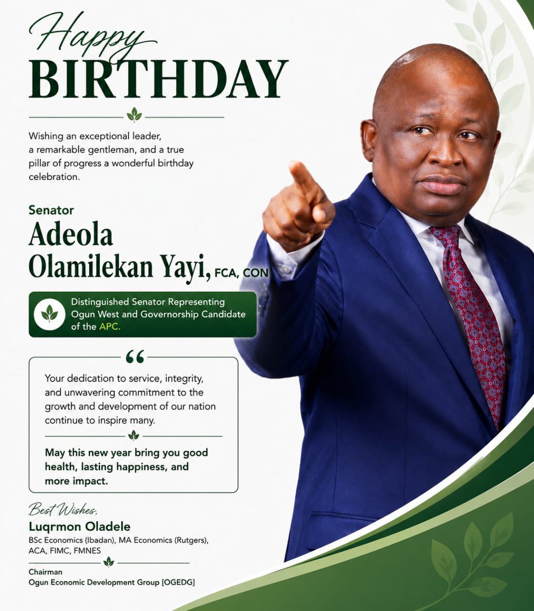ogedg's tweet photo. Happy 57th Birthday to @Sen_AdeolaYAYI, FCA 🎉

On behalf of Ogun Economic Development Group - @ogedg , we celebrate Sen. (Dr) Solomon Olamilekan Adeola YAYI CON FCA

We wish you long life in good health, more wisdom, and greater impact to serve the people🙏🏼

In honour of this day, we’re giving out ₦500,000

How to participate:
1. Follow this page   
2. Like this post  
3. Drop your prayer for Yayi in the comments
4. Share this birthday post 
5. Drop your Account Number and Account Name 

Good luck!💚

#YayiAt57 #BirthdayGiveaway #OGEDG #ogunstate