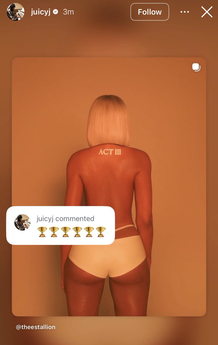 MegansStats's tweet photo. Juicy J seems to tease his involvement in Megan Thee Stallion's ‘ACT III’ with an IG story and comment! https://t.co/T449WYn5j7