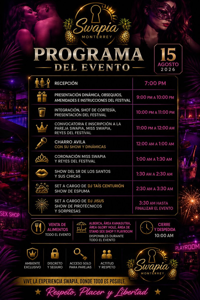 SWapiaMty's tweet photo. 🔥 PROGRAMA OFICIAL — SWAPIA 🔥

🍍 UNA NOCHE COMPLETA DE EXPERIENCIAS, MÚSICA,  SHOWS Y SORPRESAS

🕒 COMIENZA LA CUENTA REGRESIVA
 
⚜️ UN FESTIVAL COMO NUNCA HAS VIVIDO EN NUEVO LEÓN 
🗝 PREGUNTA POR KEYPASS SWAPIA  Y SUS PROMOCIÓNES.
LLEGA CON TIEMPO PARA QUE APARTES TU LUGAR. https://t.co/7yWHgjSNUQ