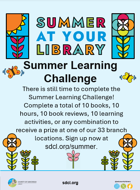 SDCountyLibrary's tweet photo. Join the Summer Learning Challenge today and win prizes from your local San Diego County Library branch! Check out https://t.co/vKXqiFBBhX for more information. https://t.co/IcROsRy4ZF